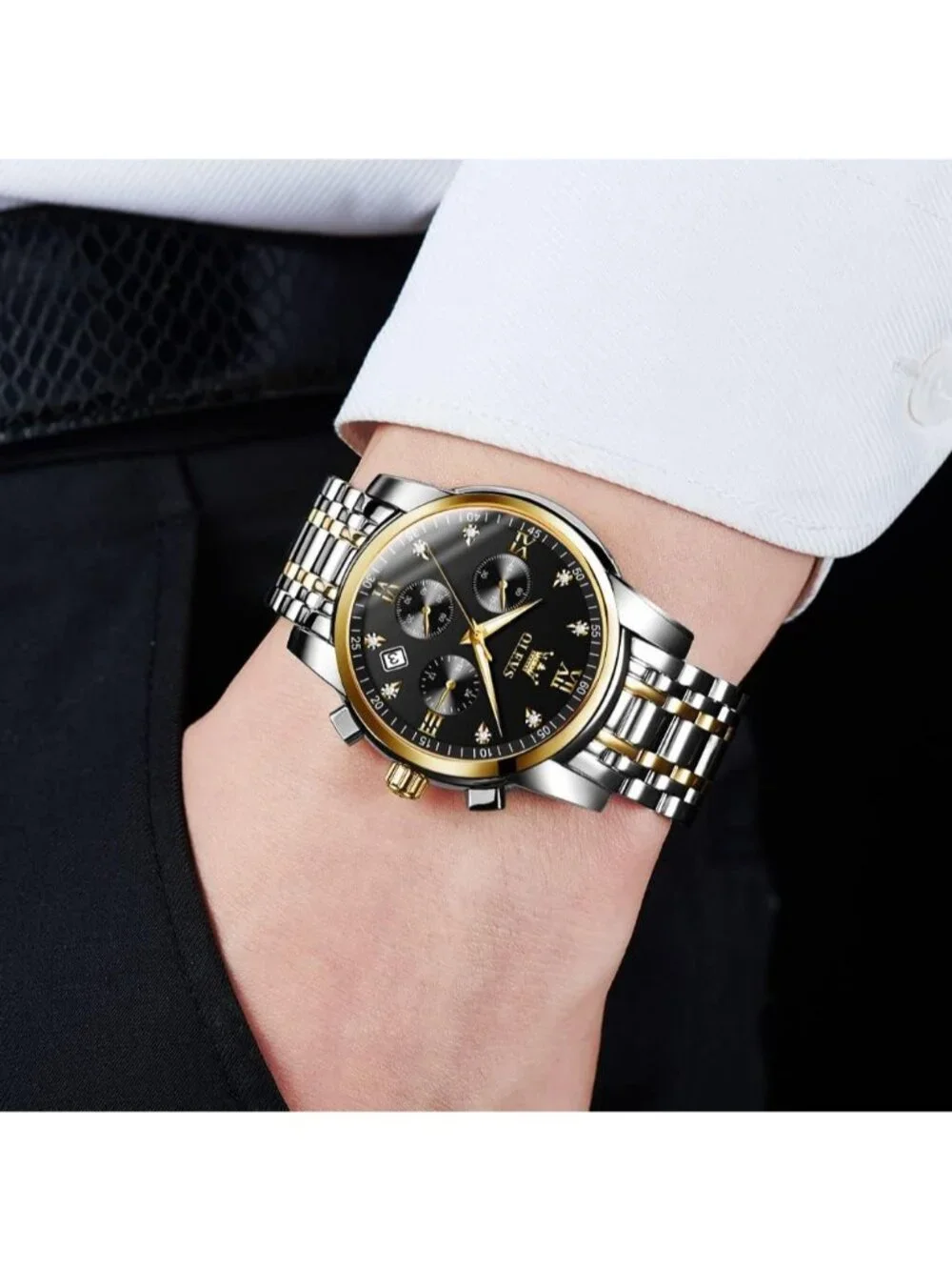 Men's Black Face/Two Tone Strap Stainless Steel Chronograph Waterproof  Watch